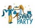 Swap party lettering and illustration of women exchanging clothes