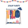 Swap party word banner. Garment, sale, fashion, clothing donation