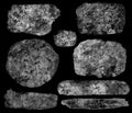 Swarm of asteroids isolated on black background. Meteorites abstract blots spots painted objects. Monochrome