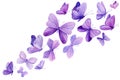 Swarm of beautiful butterflies, set of purple butterflies on isolated white background, watercolor violet illustration Royalty Free Stock Photo