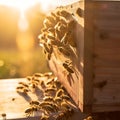 A swarm of bees collects nectar from flowers. Al Generated.