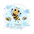 Swarm bees. Honey bees fly in the clouds. Cartoon cute character. Emblem, sticker, label, mascot. Lettering.