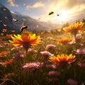 a swarm of bees on a spring-summer flower meadow in the foothills at sunset Royalty Free Stock Photo