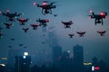 swarm of drones over city at summer night
