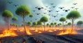 Swarm of firefighting drones surveying raging wildfires, analyzing heat patterns, wind directions, and damage extent to
