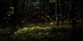 A swarm of fireflies twinkling in the darkness of a forest, concept of Bioluminescent phenomenon, created with