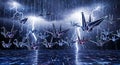 Futuristic Origami Cranes Flying Under Digital Storm with Lightning and Binary Code Royalty Free Stock Photo