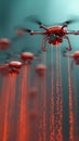 swarm of red drones emitting glowing data streams in futuristic cybersecurity concept