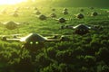 Drone Swarm Flying in Formation Over Green Field