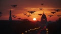 Group of UAV Unmanned Aircraft Drones Flying Near The United States Capitol At Sunset
