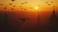 UAV Unmanned Aircraft Drones Flying Near The United States Capitol At Sunset