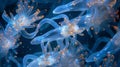 Swarms of translucent creatures with elongated bodies and glowing tentacles swim ast the intricate mazelike network of Royalty Free Stock Photo