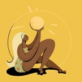 A swarthy girl in a green bathing suit sits and holds the sun in her hands. Cute illustration on a yellow background.