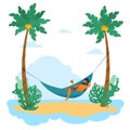 Swarthy man is relax in hammock among palm