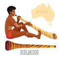 Swarthy man with white paint on face plays didgeridoo Royalty Free Stock Photo