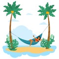 Swarthy woman is relax in hammock among palm