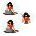 Swarthy woman talking on the phone at the workplace at home or in the office. Sad and upset girl with a phone. Cheerful