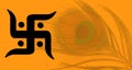 Swastik indian Hindu religion symbol over peacock feather yellow background