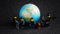 Swat military minifigures - analogue of Lego and globe on dark. Concept of a peacekeeping mission to protect the Earth and the