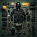 swat police army Vintage Knolling Flat Lays vogue photo salon stylish clothes collection set