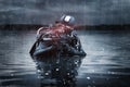 SWAT unit soldier stands waist-deep in water with a machine gun in his hands. The concept of video games, special secret