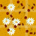 Swatch with daisy and cosmos flowers on orange background with abstract waves. Vector summer design. Royalty Free Stock Photo