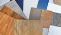 swatch, multi texture and pattern of interior material samples in full frame shot contains wood vinyl flooring tiles.