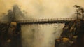 A Swaying Wooden Hanging Bridge Above a River Watercolor Painting