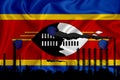 Swaziland flag, background with space for your logo - industrial 3D illustration.Silhouette of a chemical plant, oil refining, gas