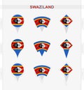 Swaziland flag, set of location pin icons of Swaziland flag