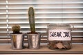 Swear jar on a kitchen window ledge