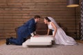 Swearing bride and groom, newlyweds relationship