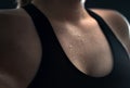 Sweat on skin. Sweaty woman after gym workout, heavy cardio or fat burning training. Royalty Free Stock Photo