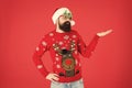 Sweater with deer. Clothes shop. Buy festive clothing. Holidays accessories. Hipster bearded man wear winter sweater and Royalty Free Stock Photo