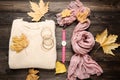 Sweater with scarf, watch and autumn leafs Royalty Free Stock Photo