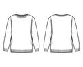 Sweater technical fashion illustration with rib crew neck, long sleeves, oversized, thigh length, knit cuff trim. Flat