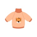 Warm Children\'s Sweater with a Tiger. Funny piece of Children\'s wardrobe. Illustration in a flat style.