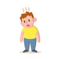 Sweating boy feeling hot, high temperature, hot weather. Cartoon character design. Flat vector illustration, isolated on