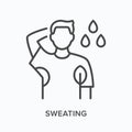 Sweating flat line icon. Vector outline illustration of man with odor. Black thin linear pictogram for illness symptom