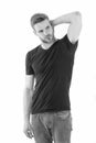 Sweating problem. Effective antiperspirant. Man confident in his antiperspirant. Guy checks dry armpit satisfied with Royalty Free Stock Photo