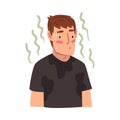 Sweating Young Man Feeling Bad Smell Coming From His Body, Personal Hygiene Problem Vector Illustration