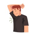 Sweating Young Man Feeling Bad Smell Coming From His Own Armpits, Personal Hygiene Problem Vector Illustration