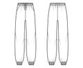 Sweatpants technical fashion illustration with elastic cuffs, low waist, rise, full length, drawstrings. Flat training