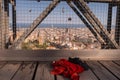 Love lock and abandoned women`s clothing on the old bridge. Suicide and despair concept Royalty Free Stock Photo