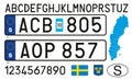 Sweden car license plate, letters, numbers and symbols