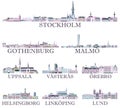 Swedish cities skylines icons in rich pastel bright colorful palette. Magic aesthetics style