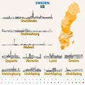 Swedish skylines in grayscale color palette. Flag and map of Sweden Royalty Free Stock Photo