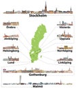Sweden map with main cities on it and skylines detailed illustrations