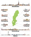 Sweden map with main cities on it and skylines detailed illustrations Royalty Free Stock Photo
