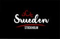 Sweden country on black background with red love heart and its capital Stockholm